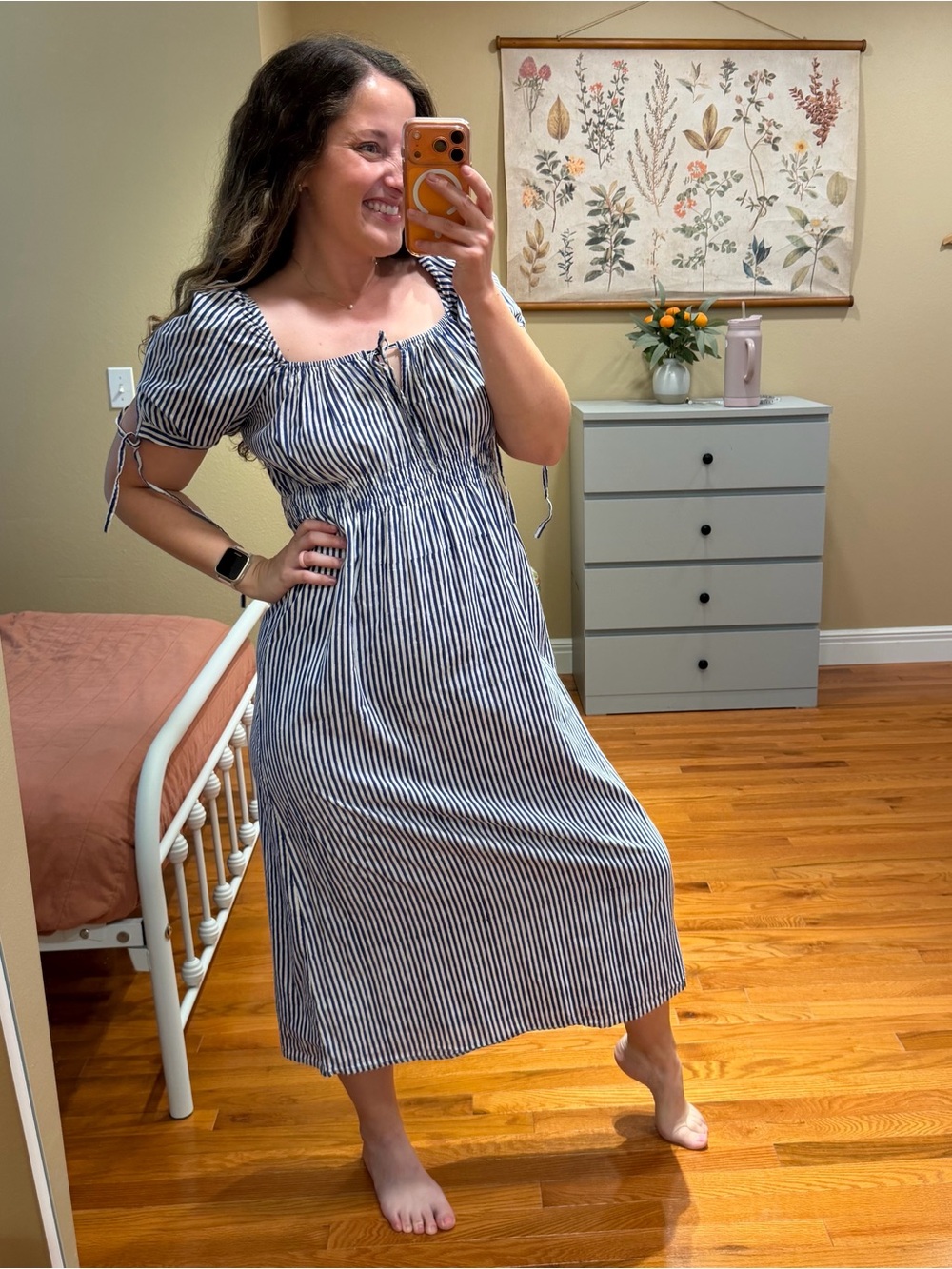 Tuckernuck CJ Laing Striped Puff-Sleeve Midi Dress — Blue/White Small Cotton
